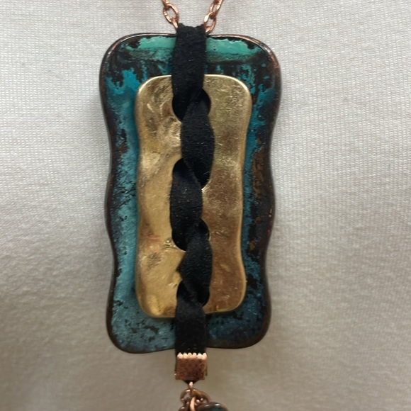 Artisan Patina Copper & Turquoise Bracelet & Necklace Set Mixed Metal Leather - Picture 6 of 12